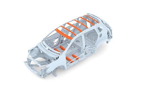 Technical illustration of a transparent vehicle body with color-coded areas identifying different steel grades and components of the body structure.