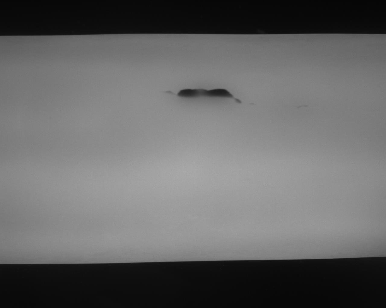 Black-and-white camera image of a bloom. The AI system has detected a fine outer shell: a dark, oval irregularity on the bright surface, caused when a steel fold has not been rolled cleanly. Black-and-white camera image of a bloom. The AI system has detected a fine outer shell: a dark, oval irregularity on the bright surface, caused when a steel fold has not been rolled cleanly.