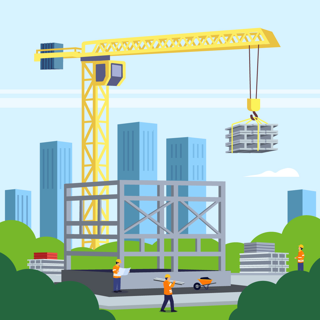 Baustelle vor Hochhaus-Skyline Baustelle mit gelbem Kran und Bauarbeitern vor Hochhaus-Skyline.