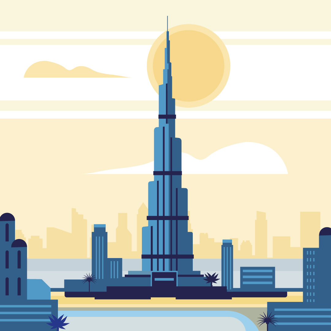Burj Khalifa in Dubai-Skyline Burj Khalifa in Dubai-Skyline vor orange-gelbem Himmel.
