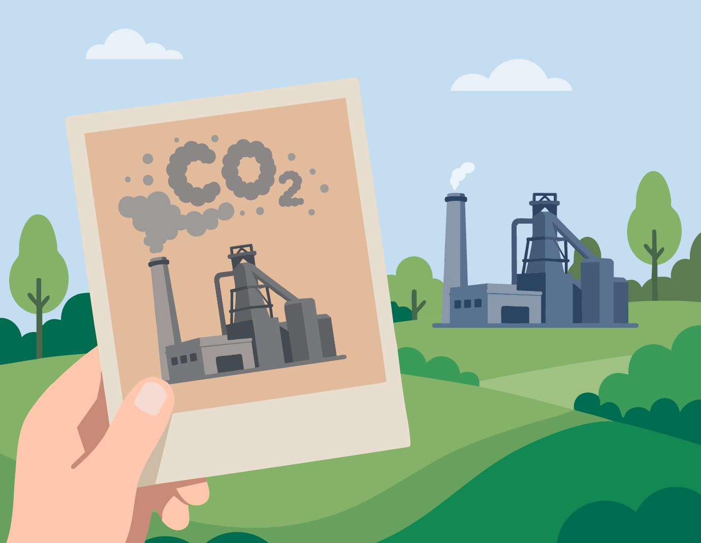 Eine Hand hält ein Foto von einer Fabrik, aus deren Schornstein Rauch mit der Aufschrift „CO2“ aufsteigt; im Hintergrund ist dieselbe Fabrik in einer grünen Landschaft zu sehen.