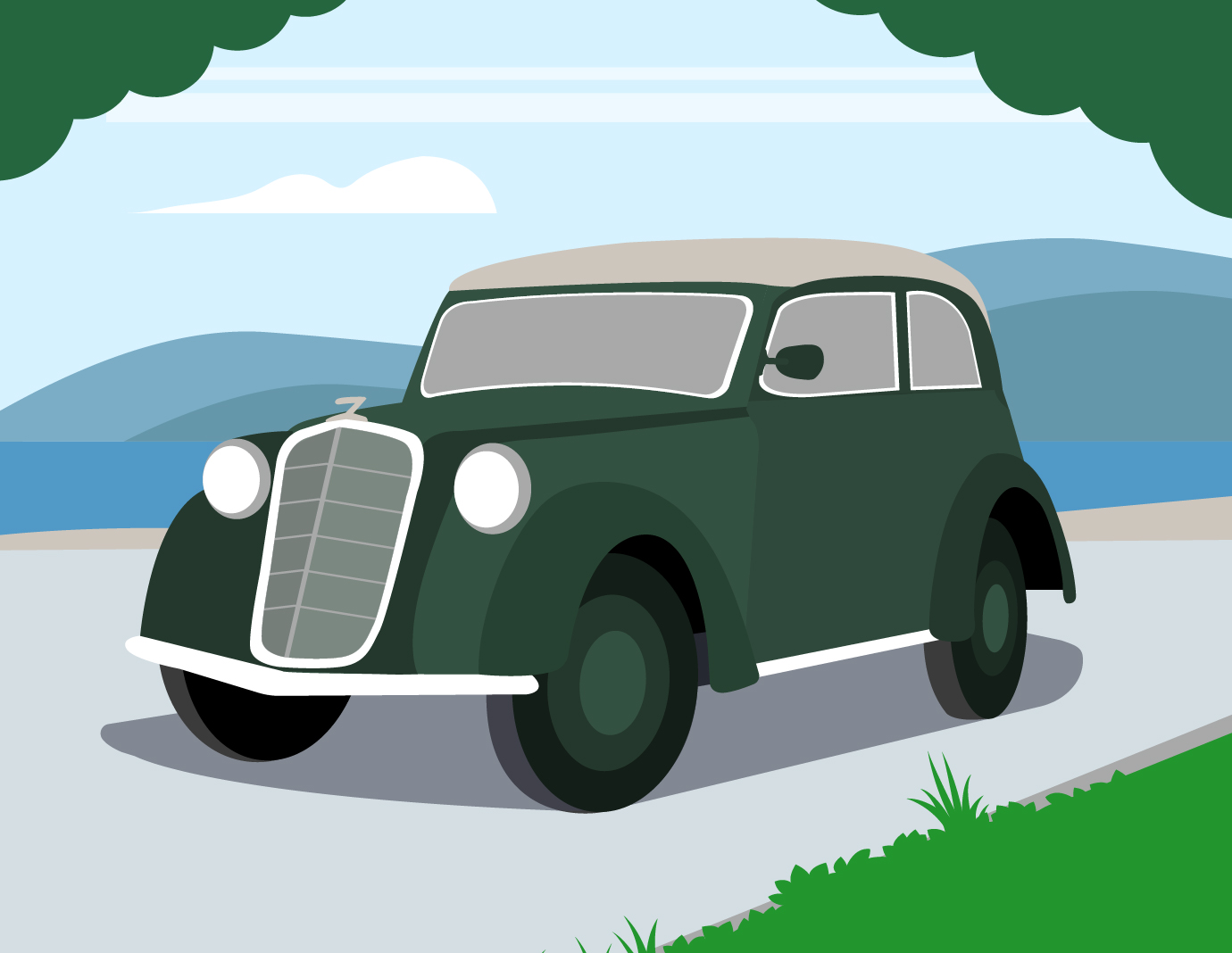 Illustration eines Oldtimers. Farbige Illustration eines grünen Oldtimers auf einer Landstraße. Im Hintergrund sind grüne Hügel und Bäume zu erkennen.