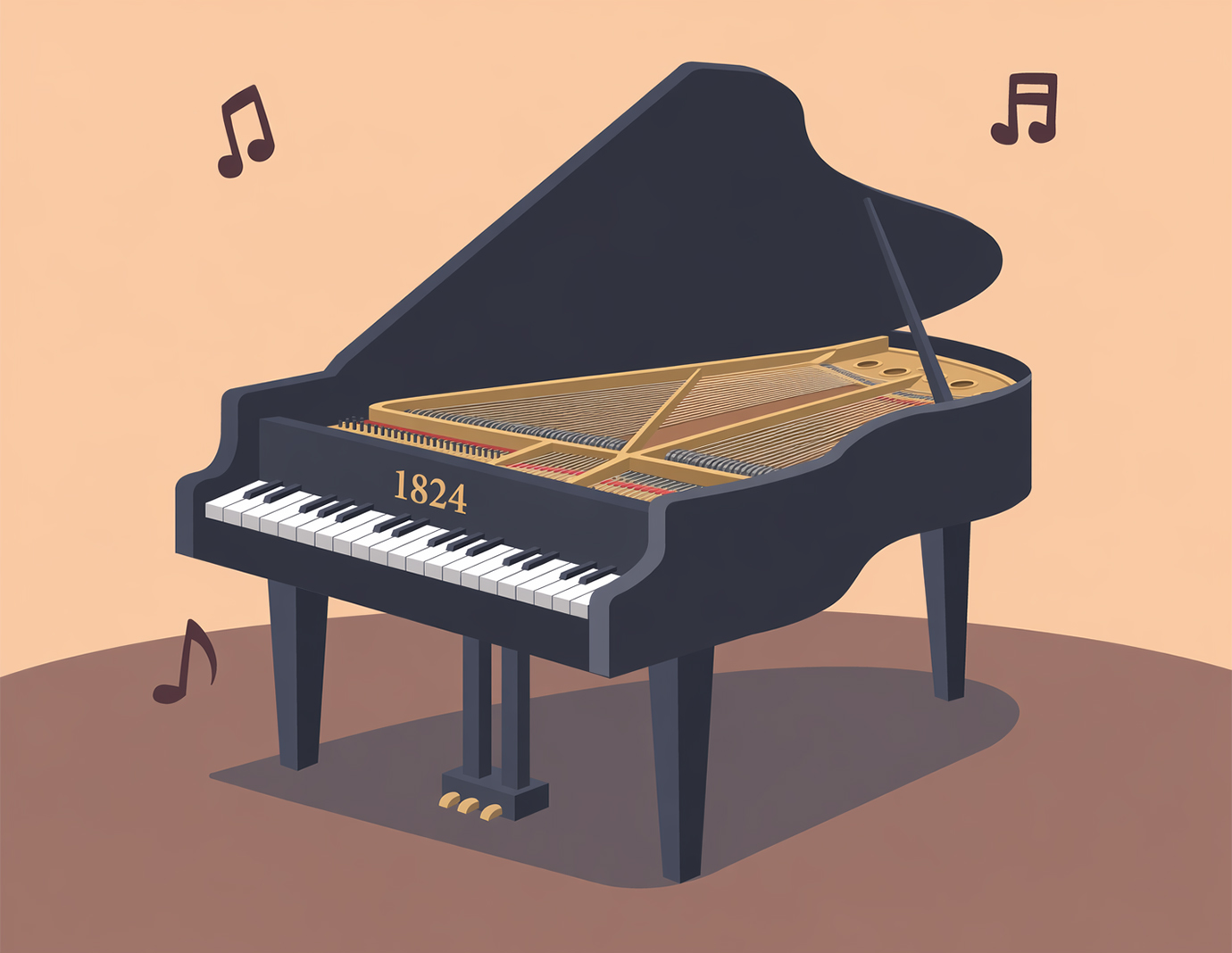 Illustration eines Konzertflügels. Farbige Illustration eines schwarzen Konzertflügels mit der Jahreszahl „1824" auf dem Gehäuse und Musiknoten darüber.