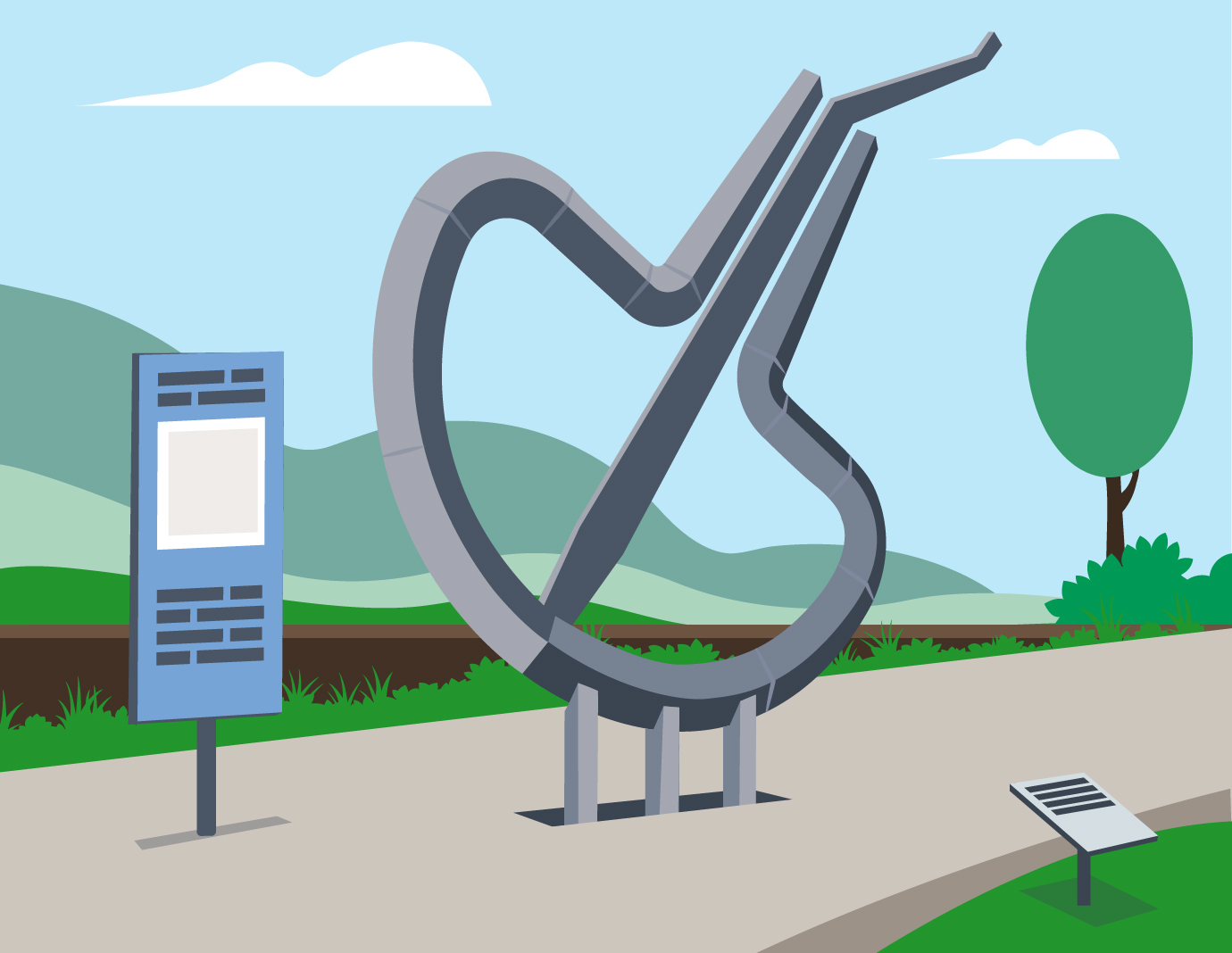 Illustration einer monumentalen stählernen Maultrommel. Farbige Illustration einer überdimensionalen Maultrommel aus Stahl, die als Monument auf einem Platz im Grünen steht.