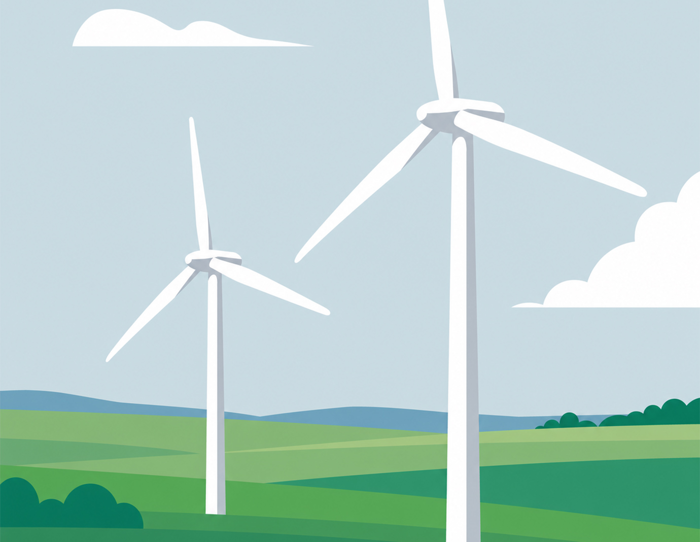 Illustration of wind turbines Illustration of two large wind turbines with white rotor blades standing in green fields beneath a light-blue sky with clouds