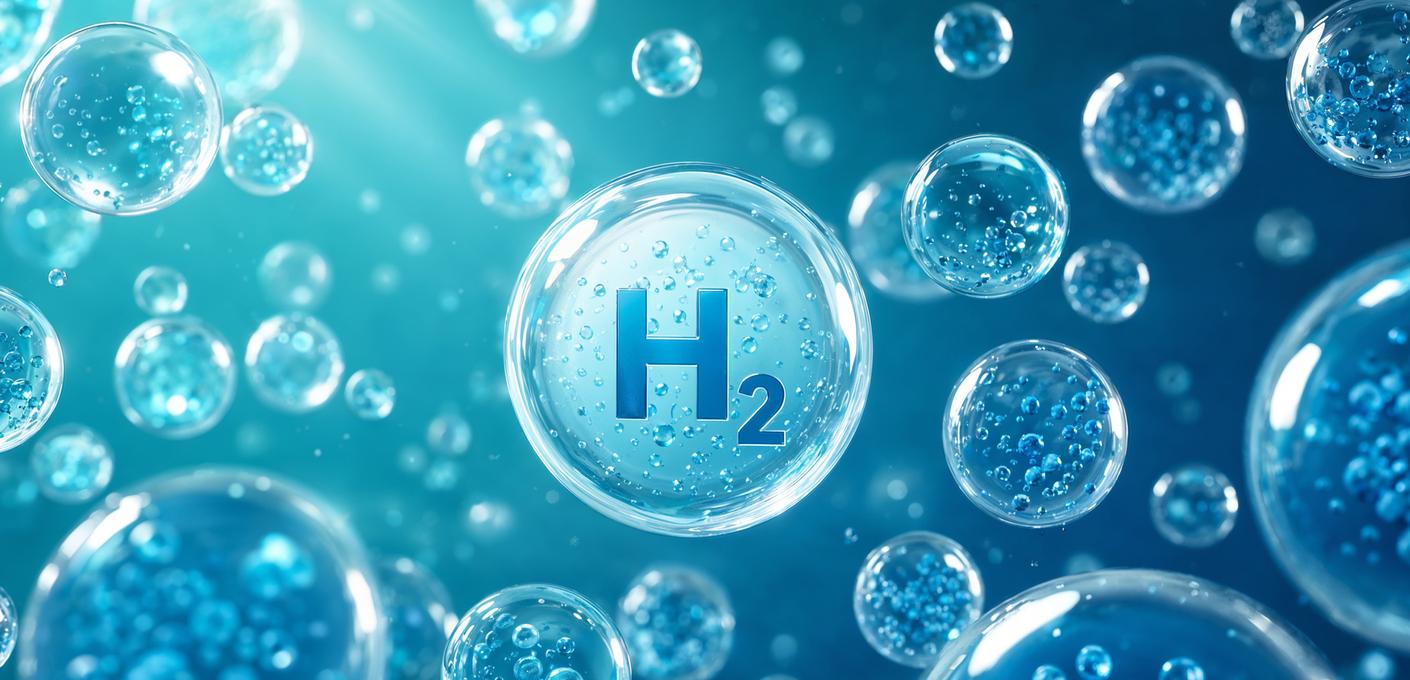 Graphic depiction of several hydrogen bubbles in a bluish liquid, with a large bubble in the center displaying the chemical formula H_2.