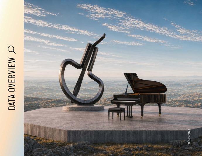 Photorealistic 3D rendering of two sculptures. A photorealistic 3D rendering of two steel sculptures on a stone platform above a vast landscape: an open grand piano and a large jaw harp. The scene is bathed in warm evening light, with an endless horizon stretching into the background.