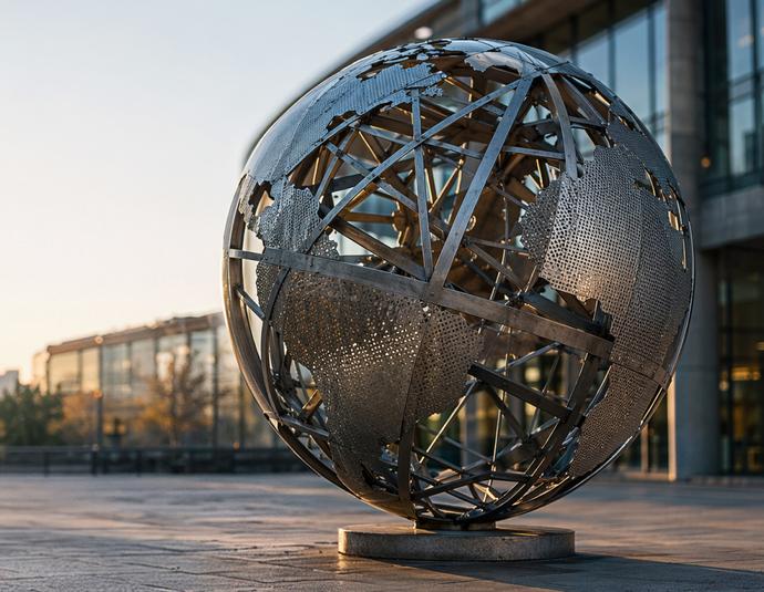 Skulptur eines stilisierten Globus aus Metallstäben und Lochblechen vor einem modernen Bürogebäude.