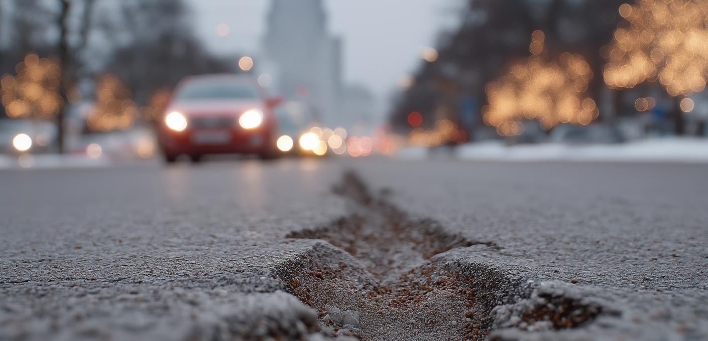 Nahaufnahme einer Asphaltstraße mit Riss Nahaufnahme einer asphaltierten Straßenoberfläche mit Riss in der Mitte, unscharfe Fahrzeuge und Stadtkulisse im Hintergrund – symbolisiert den Zustand der Infrastruktur.
