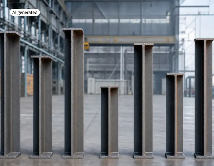 Seven upright steel beams of varying height stand side by side on a concrete floor in an industrial hall. In the background, steel structures, a crane, and hall walls are visible.