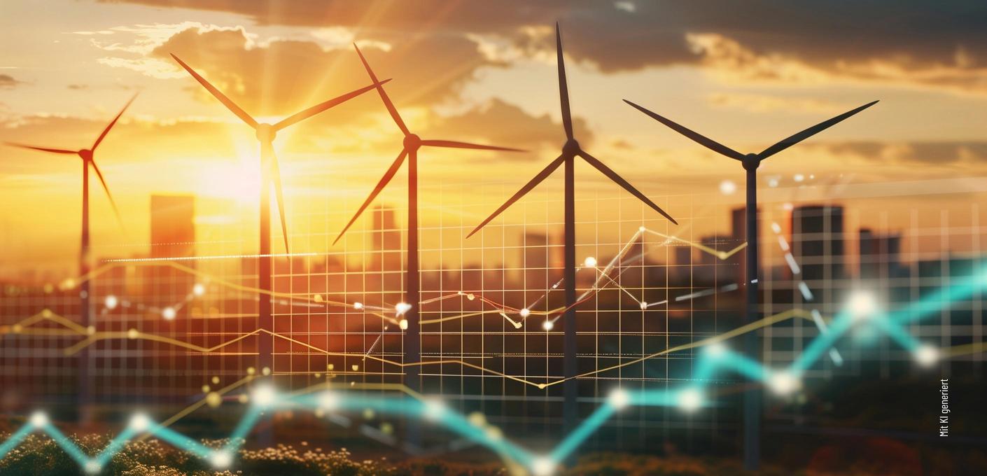 Windräder vor einer Stadtlandschaft Mehrere Windräder vor einer Stadtlandschaft bei Sonnenuntergang, überlagert von Liniengrafiken und Datenpunkten zur Darstellung erneuerbarer Energie.