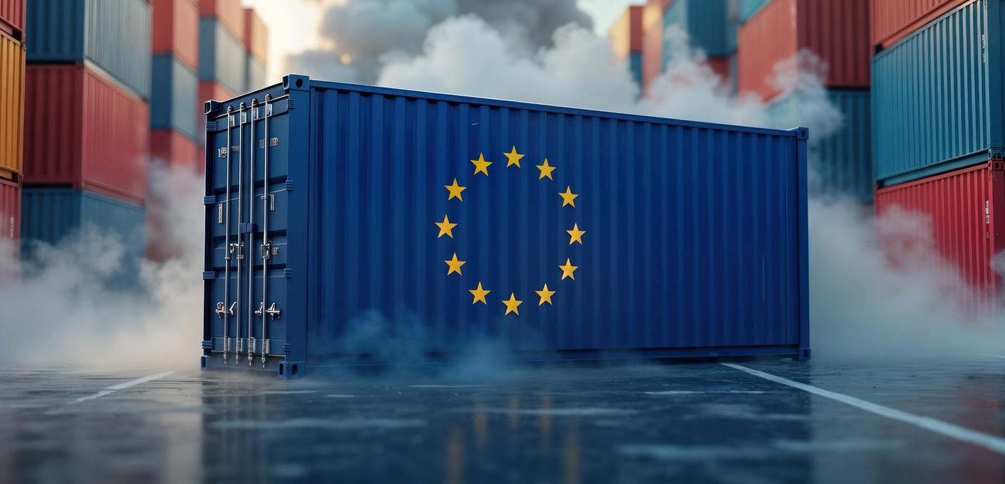 A blue shipping container with the EU circle of stars stands among other containers in a port area, surrounded by rising steam or mist.