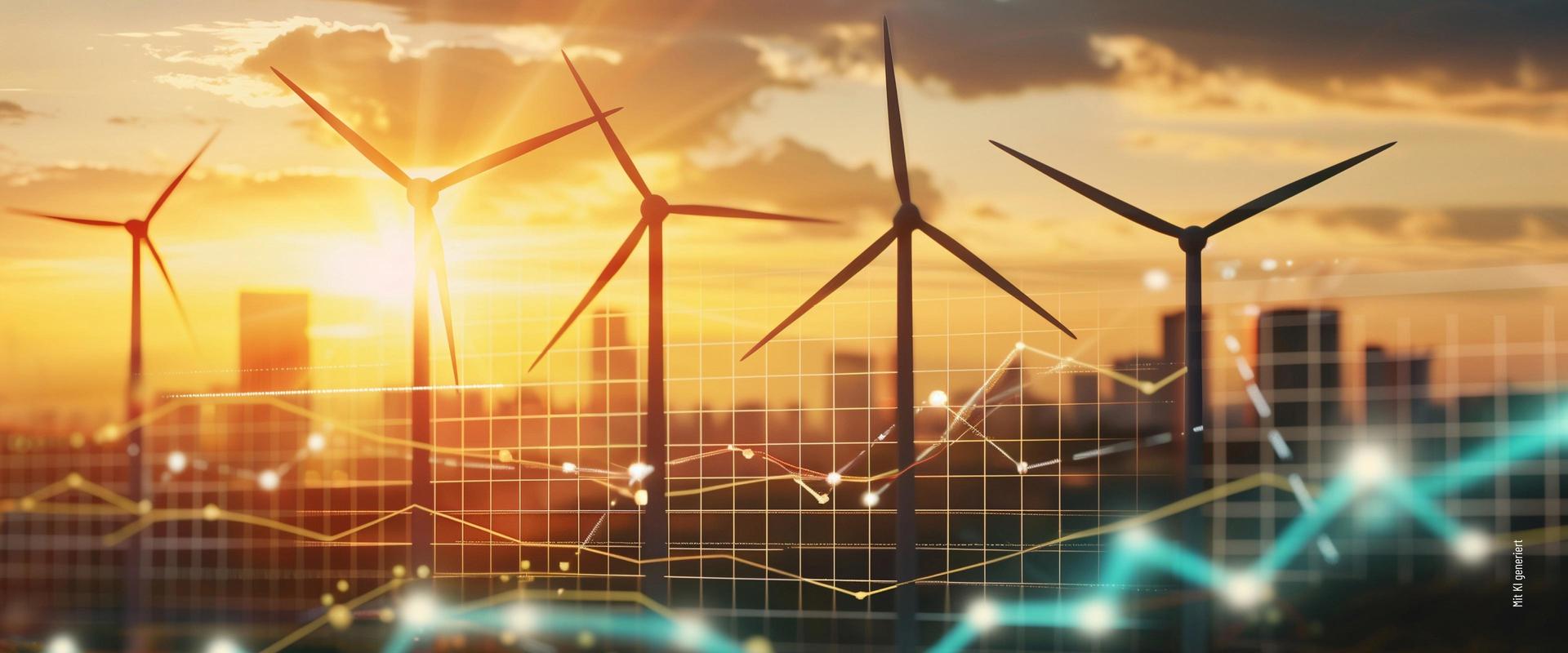 Mehrere Windräder vor einer Stadtlandschaft bei Sonnenuntergang, überlagert von Liniengrafiken und Datenpunkten zur Darstellung erneuerbarer Energie.