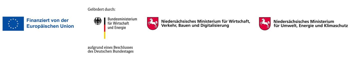 The projects “Clean Hydrogen Coastline” and SALCOS® are supported and funded by: the European Union (blue flag with circle of stars and text “Funded by the European Union”), the German Federal Ministry for Economic Affairs and Energy (eagle logo, text: “Supported by: Federal Ministry for Economic Affairs and Energy, on the basis of a decision by the German Bundestag”), the Lower Saxony Ministry for Economic Affairs, Transport, Building and Digitalization (red Lower Saxony coat of arms with text), and the Lower Saxony Ministry for Environment, Energy and Climate Protection (red Lower Saxony coat of arms with text).