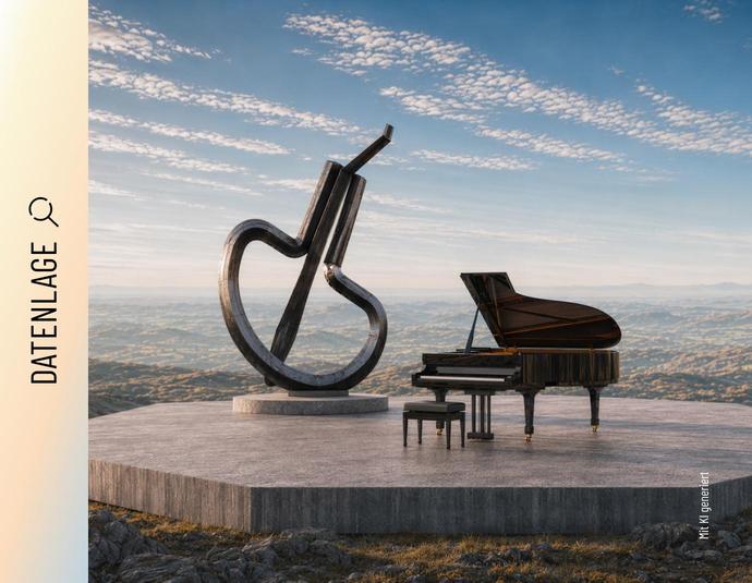 Fotorealistische 3D-Darstellung zweier Skulpturen. Eine fotorealistische 3D-Darstellung zweier Skulpturen aus Stahl auf einer steinernen Plattform über einer weiten Landschaft: ein aufgeklappter Konzertflügel und eine große Maultrommel. Die Szene ist in warmes Abendlicht getaucht, im Hintergrund erstreckt sich ein endloser Horizont.
