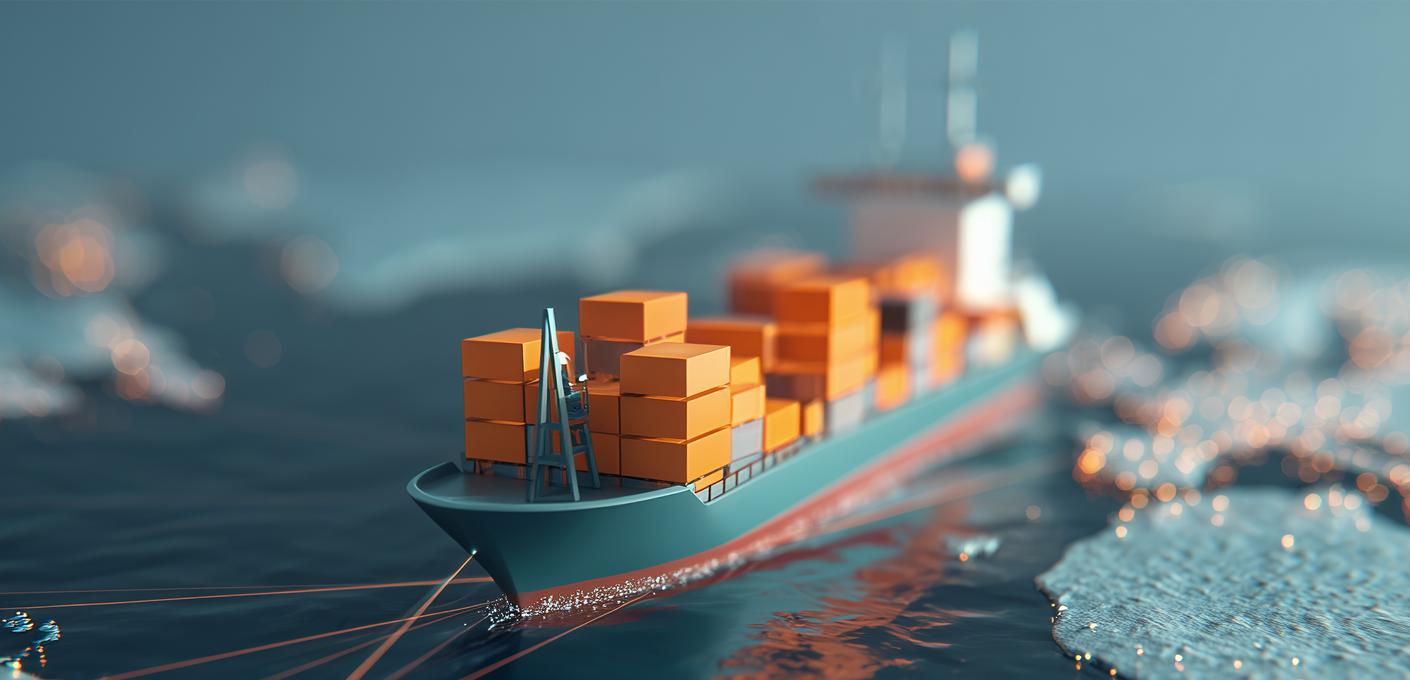 Schiff mit orangefarbenen Containern auf dem Meer Containerschiff mit zahlreichen orangefarbenen Containern fährt über das Meer.