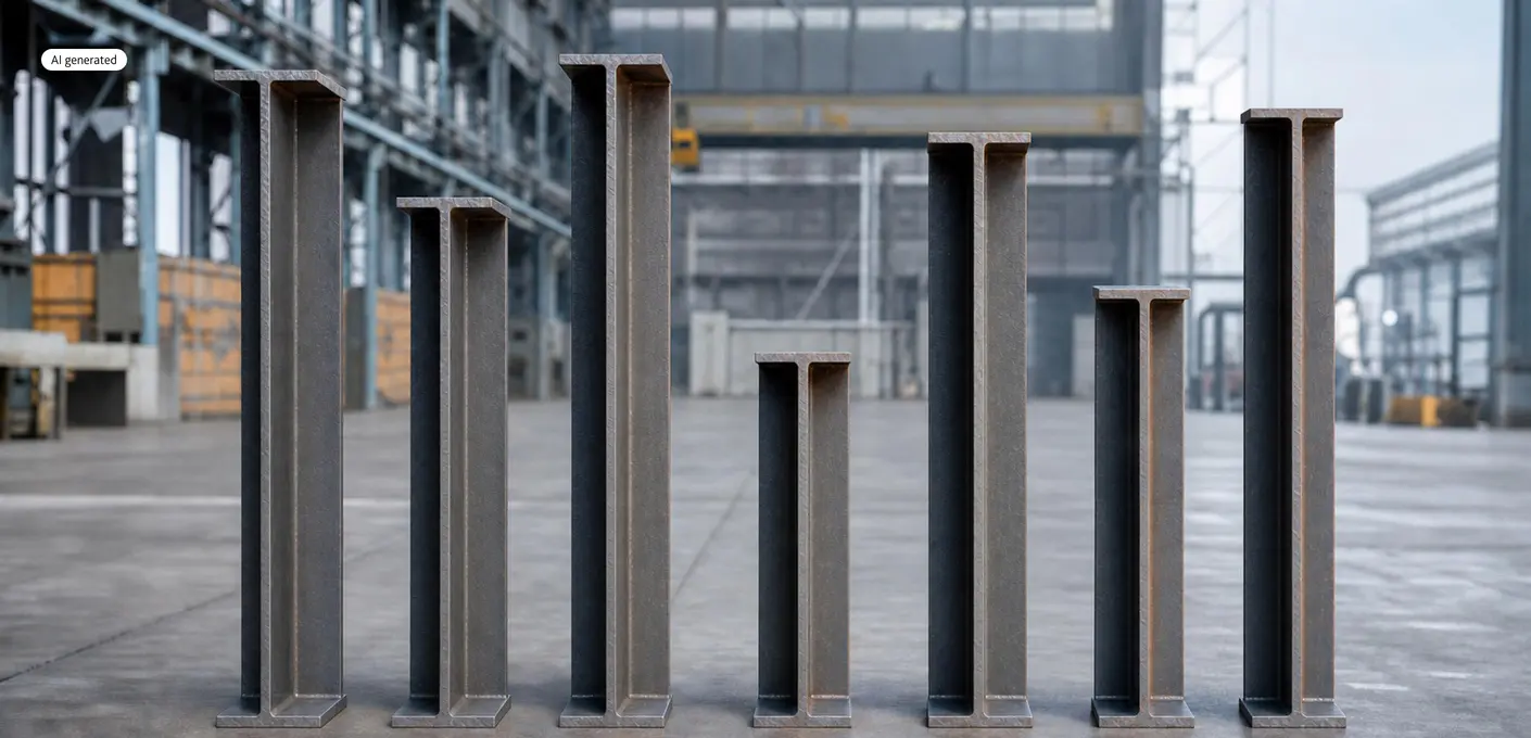 Seven upright steel beams of varying height stand side by side on a concrete floor in an industrial hall. In the background, steel structures, a crane, and hall walls are visible.