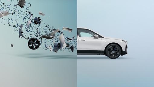 Digital visualization of a white vehicle whose left half dissolves into metallic scrap parts – symbolizes the recycling cycle from end-of-life vehicles to new raw material. Digital visualization of a white vehicle whose left half dissolves into metallic scrap parts – symbolizes the recycling cycle from end-of-life vehicles to new raw material.