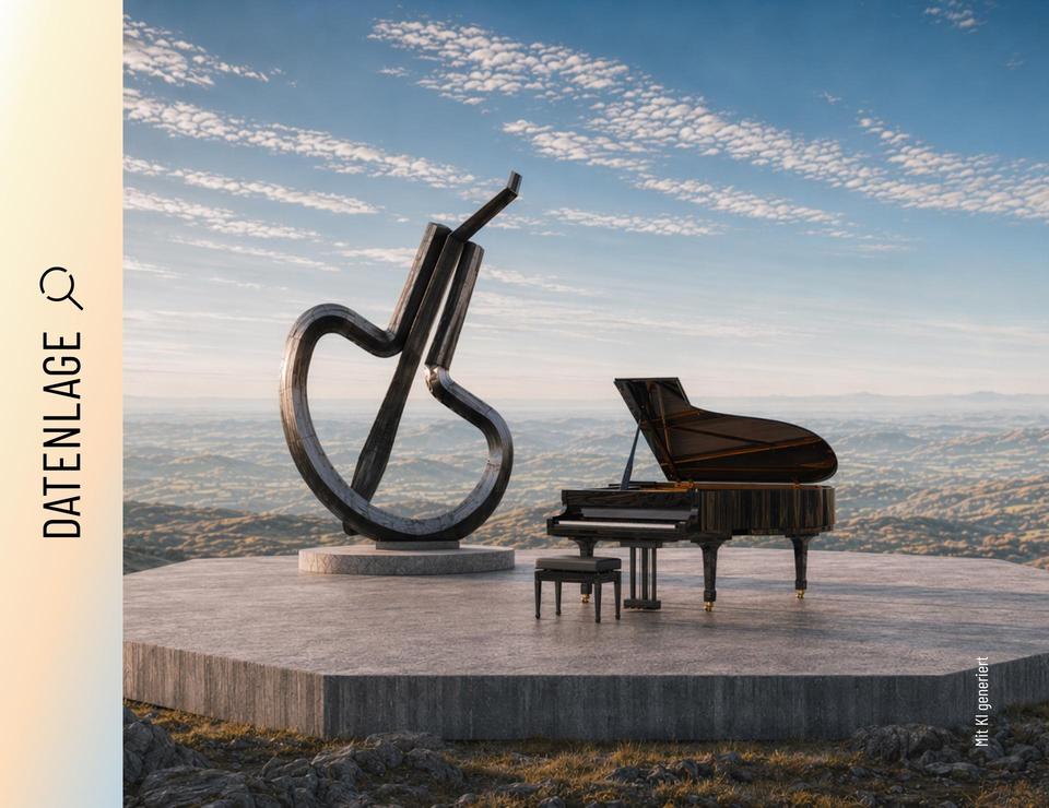 Fotorealistische 3D-Darstellung zweier Skulpturen. Eine fotorealistische 3D-Darstellung zweier Skulpturen aus Stahl auf einer steinernen Plattform über einer weiten Landschaft: ein aufgeklappter Konzertflügel und eine große Maultrommel. Die Szene ist in warmes Abendlicht getaucht, im Hintergrund erstreckt sich ein endloser Horizont.
