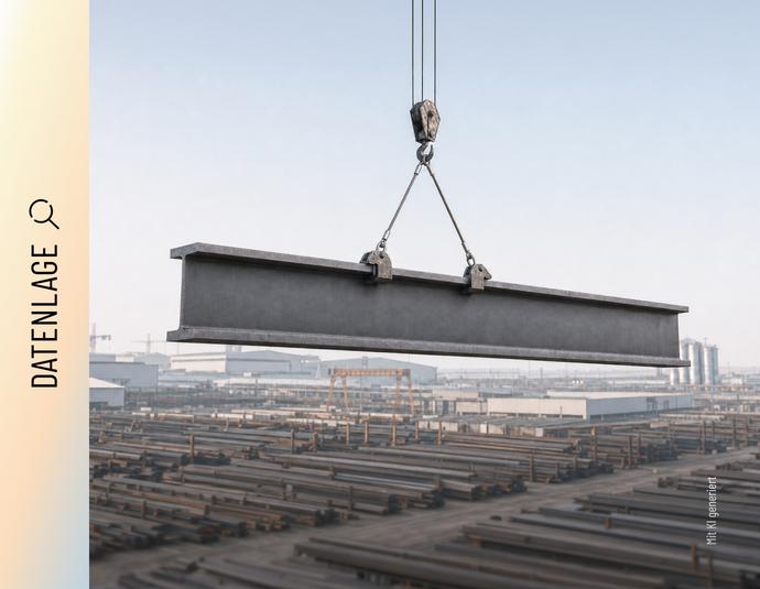 Ein großer Stahlträger hängt an zwei Hebeklemmen eines Krans, im Hintergrund sind Industriegelände zu sehen.