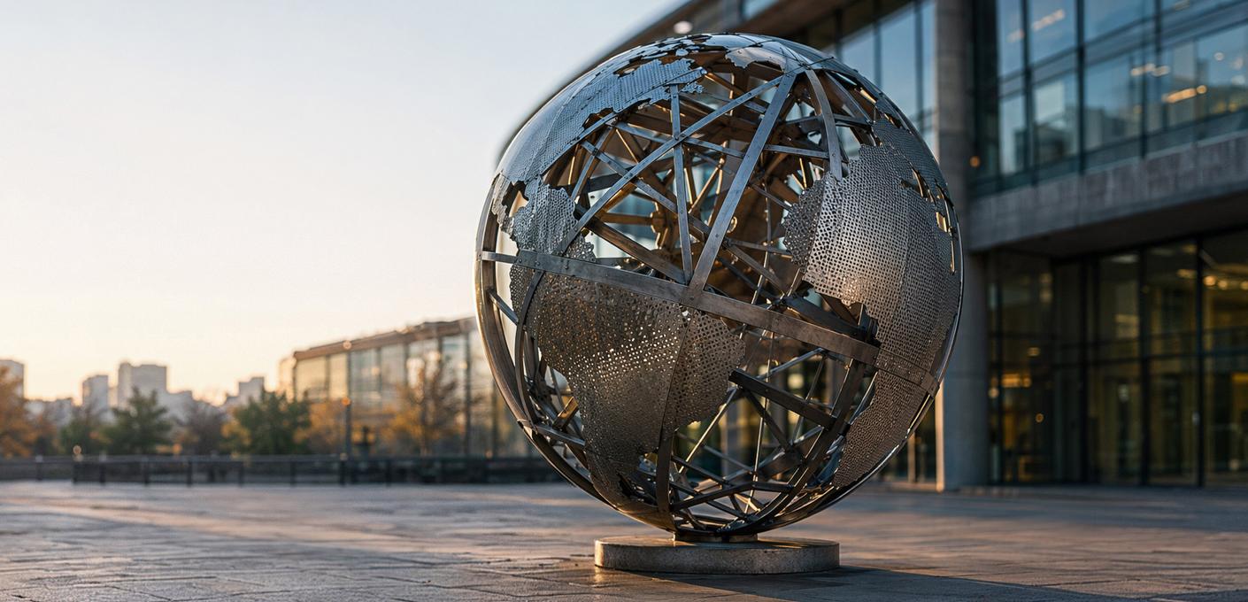 Symboldbild eines Globus für Handel Skulptur eines stilisierten Globus aus Metallstäben und Lochblechen vor einem modernen Bürogebäude.