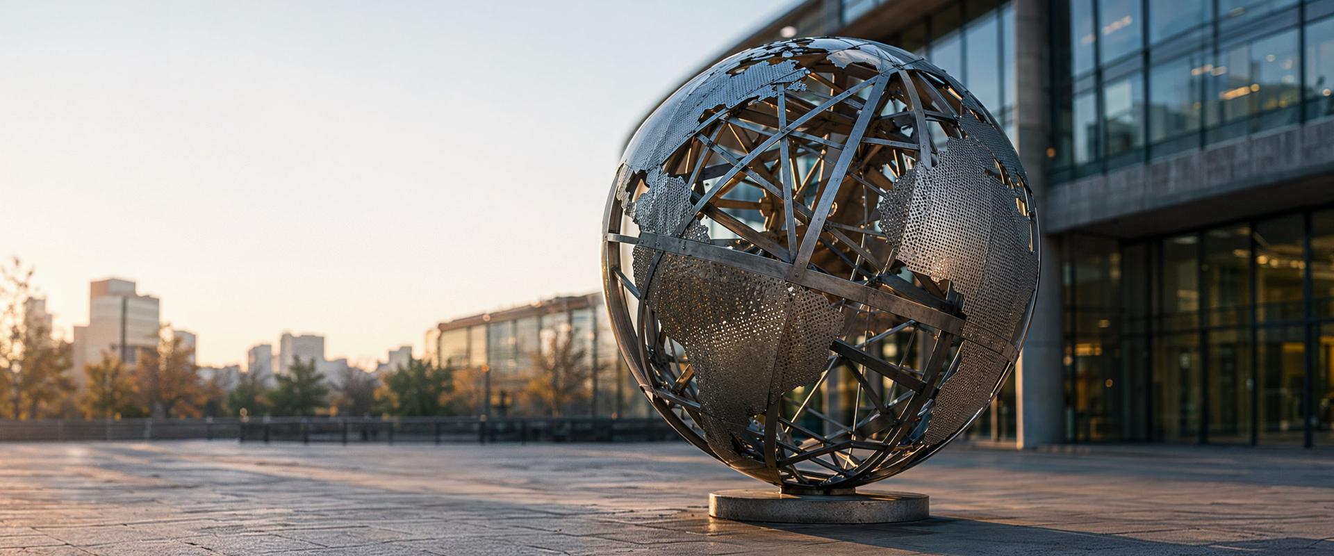 Skulptur eines stilisierten Globus aus Metallstäben und Lochblechen vor einem modernen Bürogebäude.