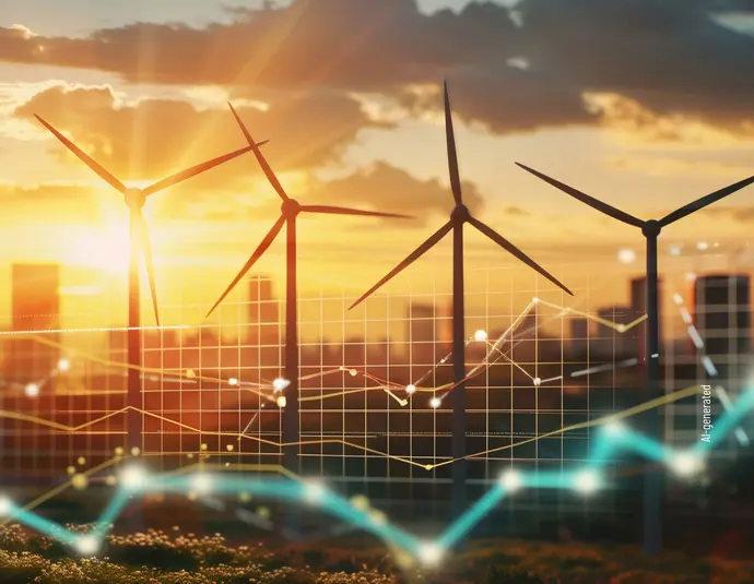 Several wind turbines in front of a cityscape at sunset, overlaid with line graphics and data points to illustrate renewable energy.