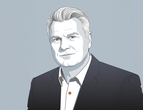 Illustration von Thorsten Möllmann, Begründer der Task Force Defence und Leiter Konzernkommunikation der Salzgitter AG Thorsten Möllmann, Begründer der Task Force Defence und Leiter Konzernkommunikation der Salzgitter AG, Schwarz-Weiß-Illustration im grafischen Stil.