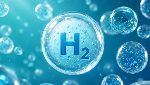 Graphic depiction of several hydrogen bubbles in a bluish liquid, with a large bubble in the center displaying the chemical formula H_2.