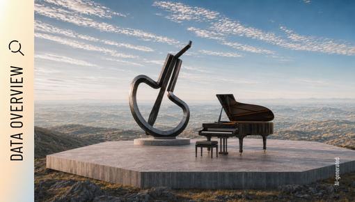 Photorealistic 3D rendering of two sculptures. A photorealistic 3D rendering of two steel sculptures on a stone platform above a vast landscape: an open grand piano and a large jaw harp. The scene is bathed in warm evening light, with an endless horizon stretching into the background.