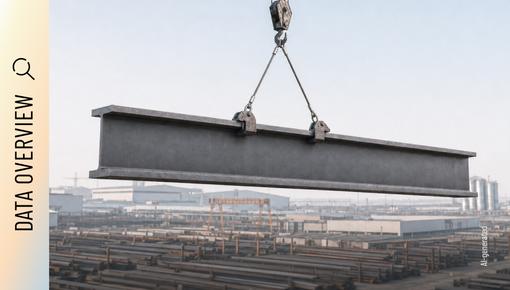 Steel beam suspended from a crane, with an industrial site in the background. A large steel beam is suspended from two lifting clamps attached to a crane, with an industrial site in the background.