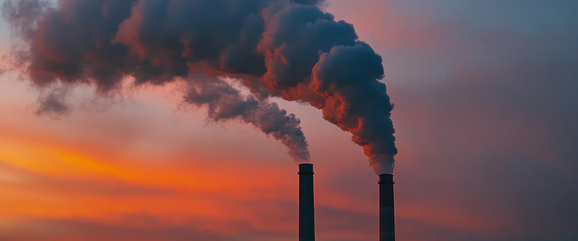 Zwei Industrieschornsteine stoßen dichten Rauch vor einem rot-orangen Abendhimmel aus.