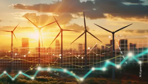 Windräder vor einer Stadtlandschaft Mehrere Windräder vor einer Stadtlandschaft bei Sonnenuntergang, überlagert von Liniengrafiken und Datenpunkten zur Darstellung erneuerbarer Energie.
