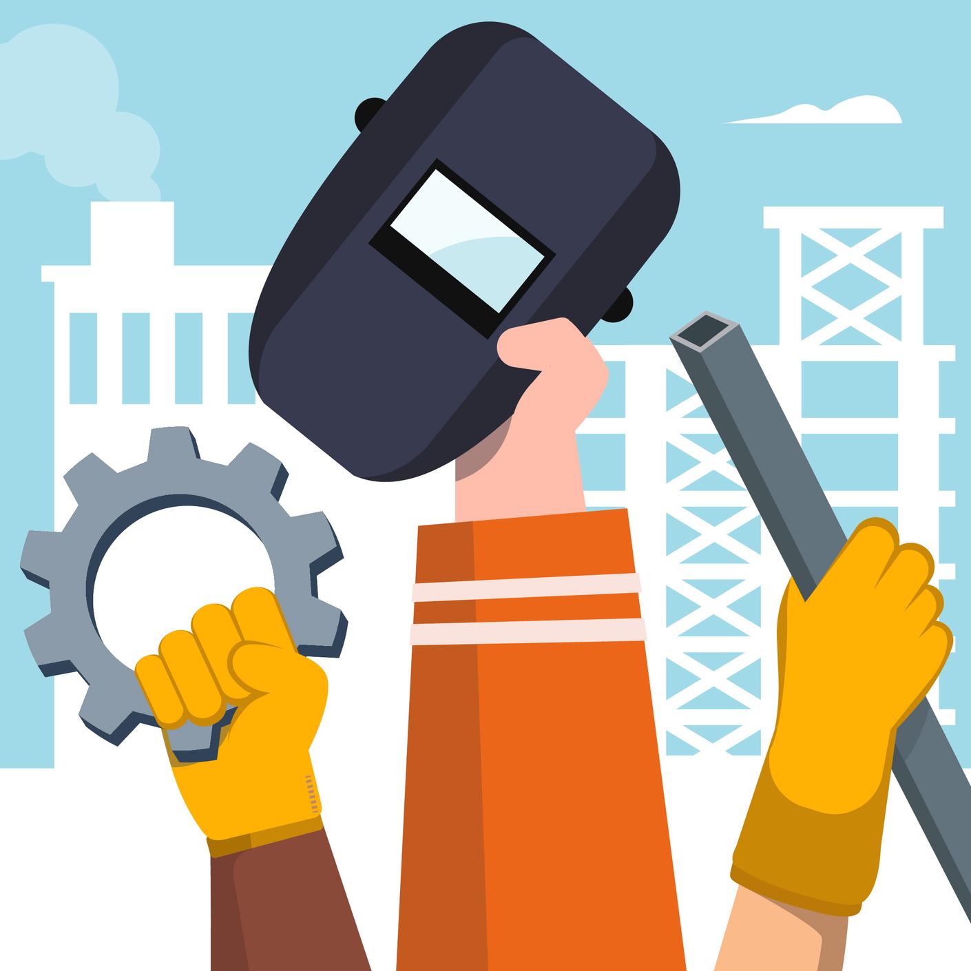 Illustration of people holding objects up. Illustration of three people in orange protective clothing holding up a welding helmet, a gear, and a metal profile. Industrial facilities are depicted in the background.