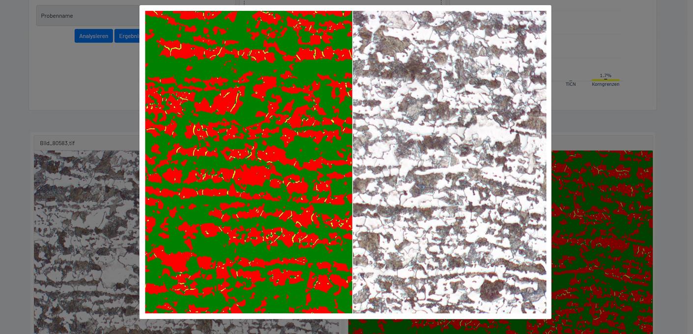 Screenshot of a software interface for microstructure analysis. Two microscopic images of a steel structure are shown, in which the Gefüge-Genie has colour-coded the pearlite content (green) and the ferrite content (red). This is an important step in quality inspection. Screenshot of a software interface for microstructure analysis. Two microscopic images of a steel structure are shown, in which the Gefüge-Genie has colour-coded the pearlite content (green) and the ferrite content (red). This is an important step in quality inspection.