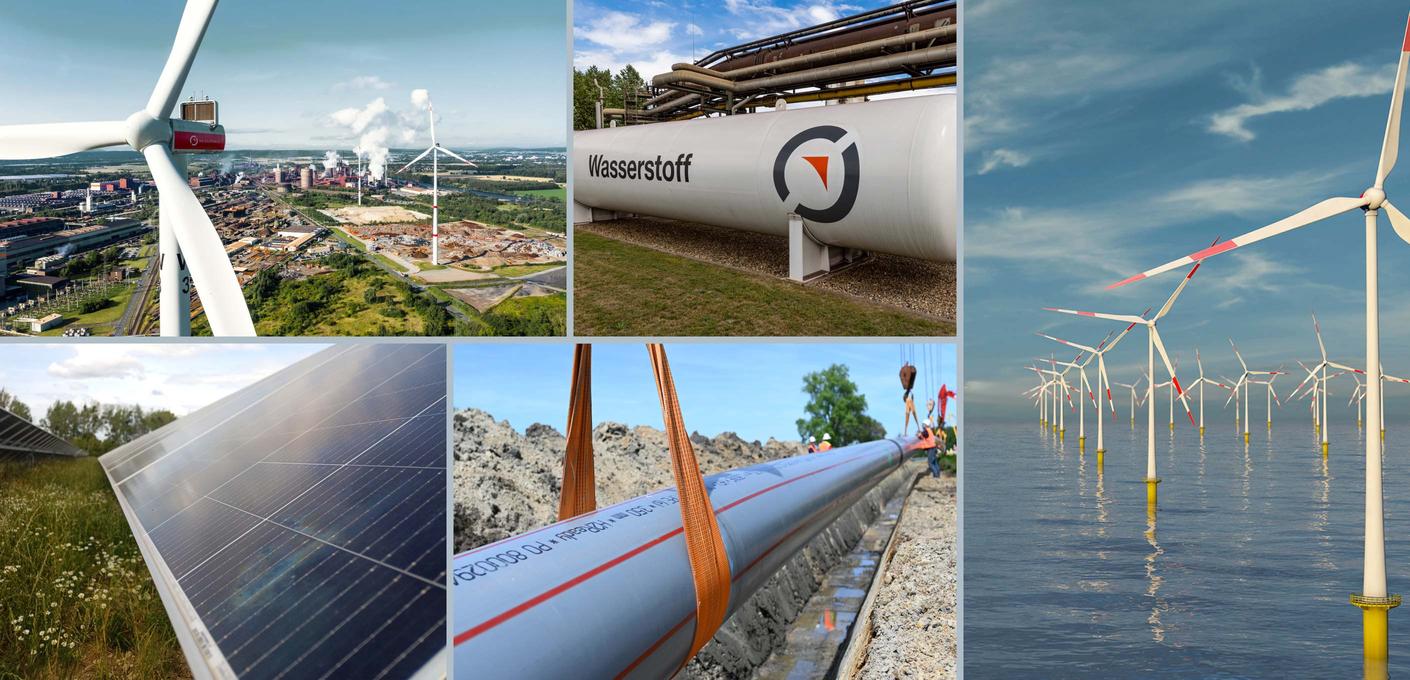 Kollage zum Thema Stahl in Energieanlagen Collage zum Thema Energieanlagen mit Offshore- und Onshore-Windkraftanlagen, einem Wasserstofftank, H_2-Rohren und Photovoltaikmodulen.