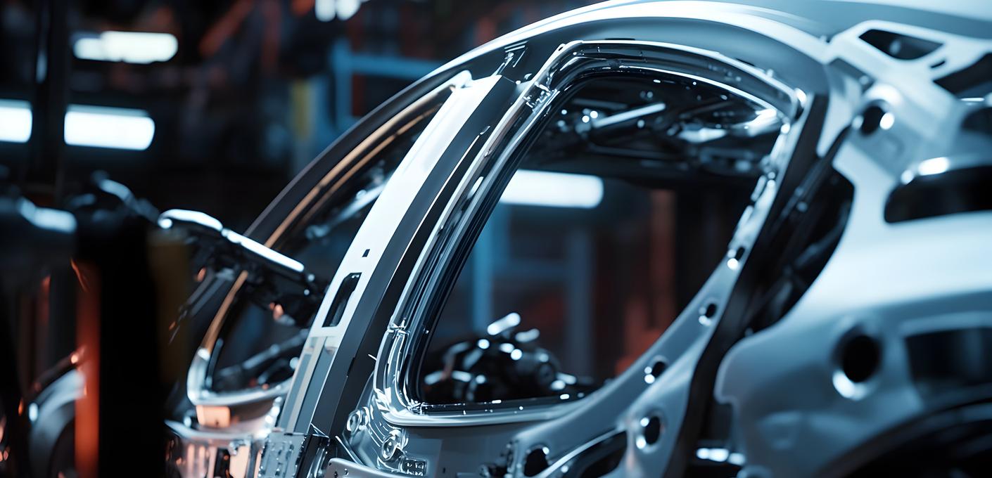 Close-up of a metallic shiny vehicle body structure in a production hall, showing the complex geometry of a crumple zone made of high-strength steel