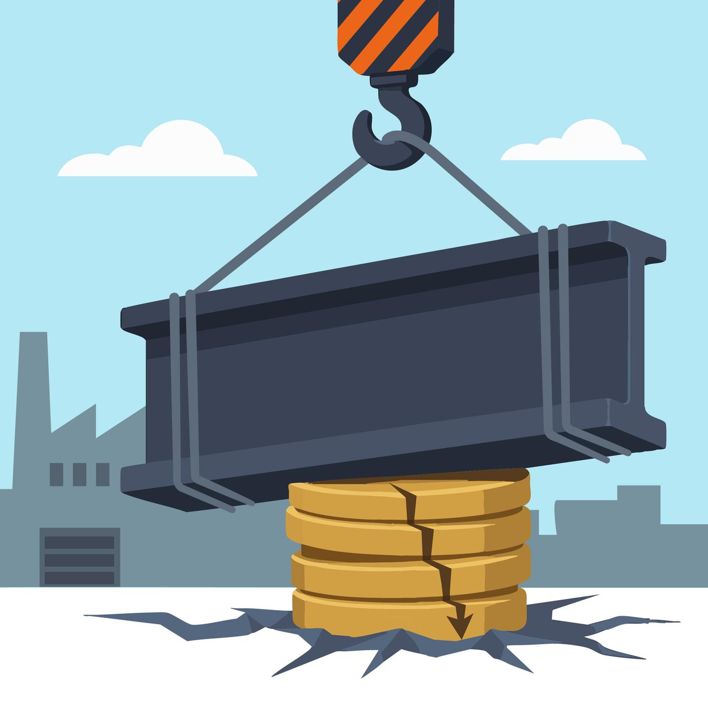 Illustration of a steel beam. Illustration of a crane hook lifting a large steel beam above stacked steel rings. A factory skyline and blue sky can be seen in the background.