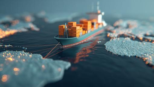 Schiff mit orangefarbenen Containern auf dem Meer Containerschiff mit zahlreichen orangefarbenen Containern fährt über das Meer.