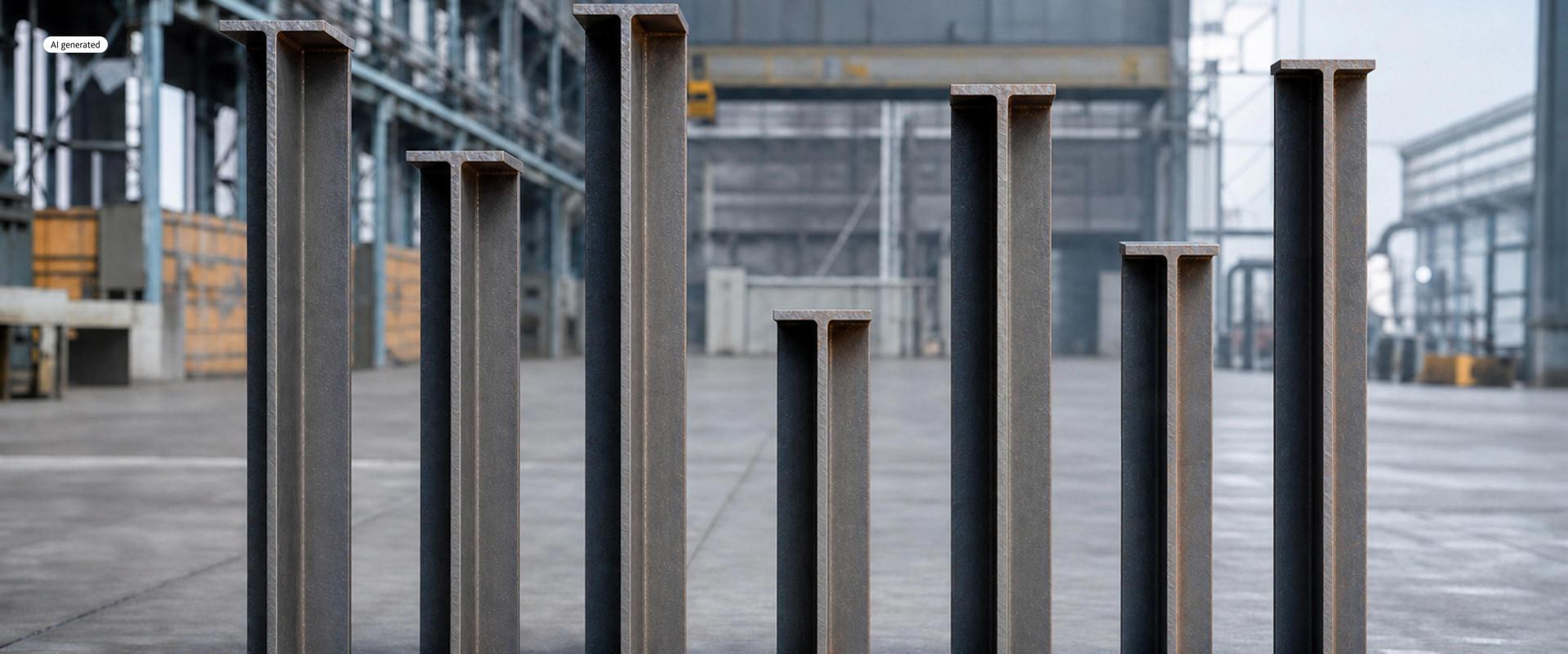 Steel beams of varying height in an industrial hall. Seven upright steel beams of varying height stand side by side on a concrete floor in an industrial hall. In the background, steel structures, a crane, and hall walls are visible.
