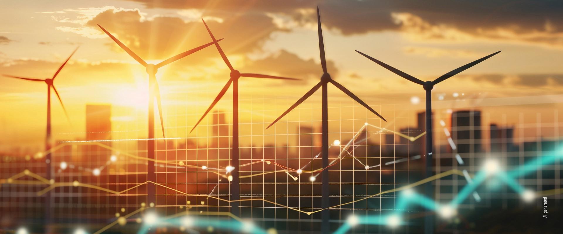 Wind turbines in front of a cityscape. Several wind turbines in front of a cityscape at sunset, overlaid with line graphics and data points to illustrate renewable energy.