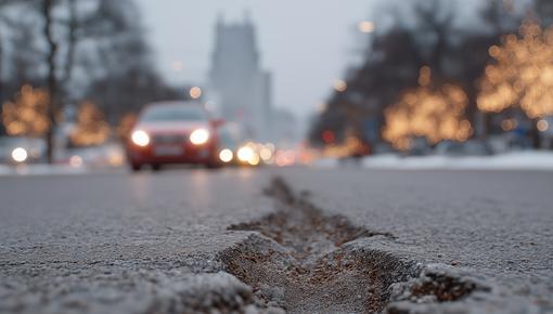 Close-up of an asphalted road surface with a crack in the middle, blurred vehicles and cityscape in the background. Close-up of an asphalted road surface with a crack in the middle, blurred vehicles and cityscape in the background.