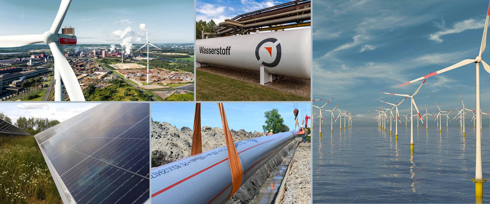Kollage zum Thema Stahl in Energieanlagen Collage zum Thema Energieanlagen mit Offshore- und Onshore-Windkraftanlagen, einem Wasserstofftank, H_2-Rohren und Photovoltaikmodulen.