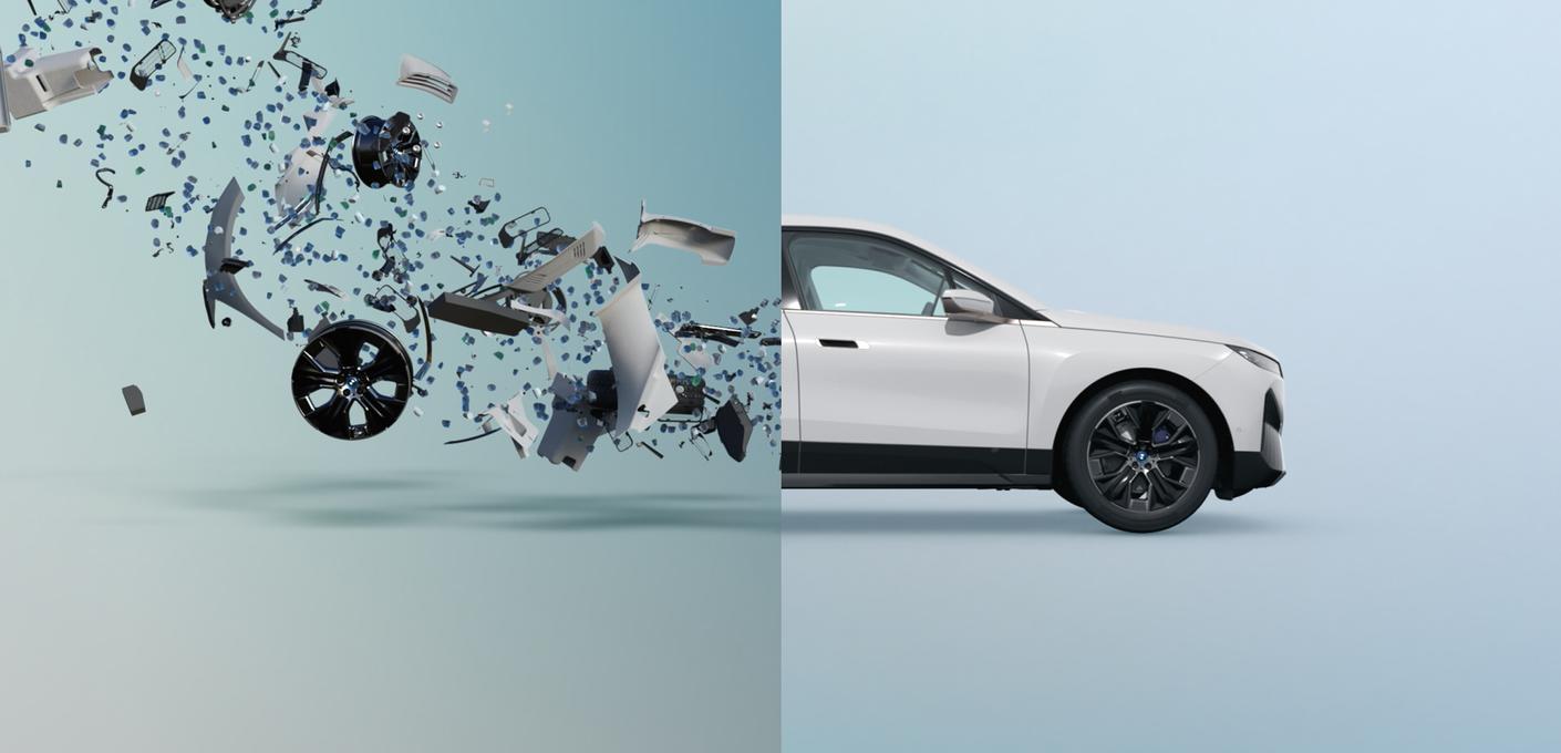 Digital visualization of a white vehicle whose left half dissolves into metallic scrap parts – symbolizes the recycling cycle from end-of-life vehicles to new raw material.