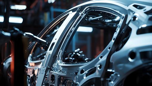 Close-up of a metallic shiny vehicle body structure in a production hall, showing the complex geometry of a crumple zone made of high-strength steel Close-up of a metallic shiny vehicle body structure in a production hall, showing the complex geometry of a crumple zone made of high-strength steel